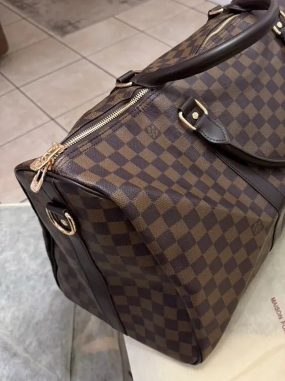 Source Unknown Brown Checkered Duffel Bag with Dark Brown Trim